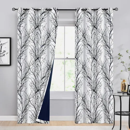 Vista 12 de FMFUNCTEX Cortinas 100% opacas para dormitorio, cortinas de ramas de árbol blanco y negro de 54 pulgadas de largo para sala de estar, cortinas
