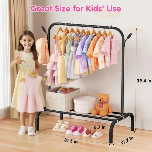 Vista 2 de Perchero Montessori para niños de 3 a 6 años, estante de ropa infantil con estante inferior y ganchos laterales, estante para armario infantil