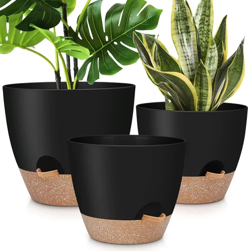 Vista 12 de YNNICO Macetas de 10/9/8/7.5/7 pulgadas, macetas de riego automático con agujeros de drenaje y platillos para plantas de interior y exterior (negro)