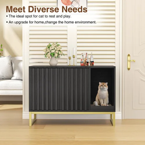 Vista 3 de Halitaa Caja de Arena para Gatos, Mueble Moderno de Caja de Arena para Gatos Caja de Arena Oculta con Almohadilla para Rascar, Mesa Auxiliar Casa