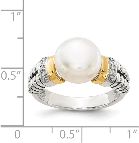 Vista 4 de Anillo de plata de ley 925 maciza con diamantes de oro amarillo de 14 k y perlas cultivadas de agua dulce (.03 cttw.)