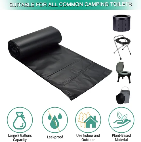 Vista 4 de Bolsas de inodoro portátiles para camping 80/60/20 100% compostables de 8 galones, uso con inodoro de cubo de 5 galones, bolsas de desechos de 20