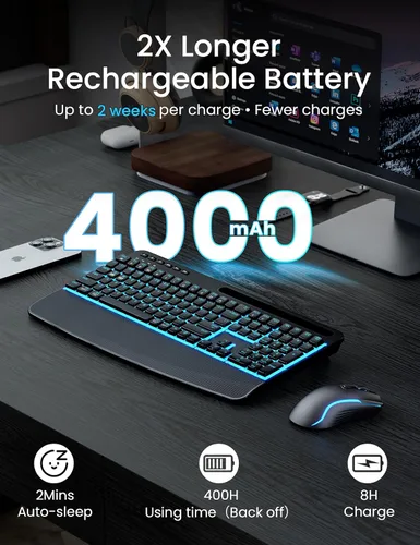 Vista 2 de SABLUTE KM25Pro - Combo de teclado inalámbrico y mouse, teclado ergonómico retroiluminado recargable con batería de 4000 mAh, reposamuñecas