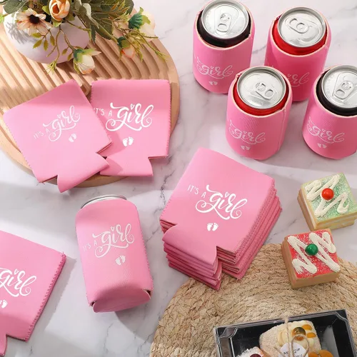 Vista 5 de Mifoci 50 piezas de decoraciones de baby shower, fundas de cerveza rosas para revelación de género, fundas para latas de fiesta para baby shower