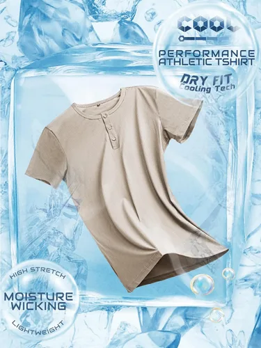 Vista 4 de Camisa Henley de ajuste seco para hombre, ropa de gimnasio, camiseta de entrenamiento de manga corta, camiseta atlética clásica y casual