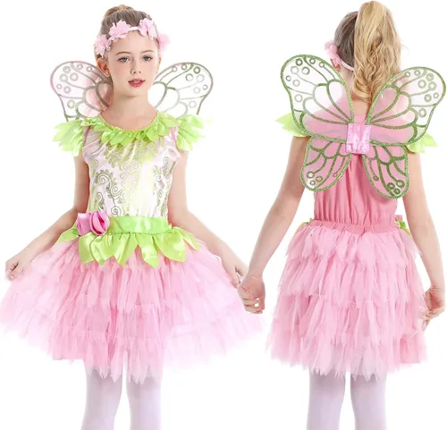 Vista 5 de JUST FOR PARTY Green Fairy Girls Dress Costume, Fairy Tale Princess Dress for Halloween, Cosplay with Wings