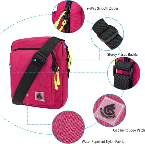 Vista 5 de Gisdanchz Bolso cruzado 2.5L, repelente al agua Pequeña bolsa de hombro para cartera, llaves y más, Rosa encendido, Mochilas Sling