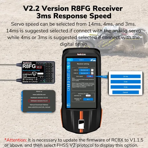 Vista 4 de Radiolink R8FG V2.2 - Receptor de giroscopio de 8 canales, 2 piezas, telemetría de voltaje de control de largo alcance de 2.4 GHz, 1,968.5 ft