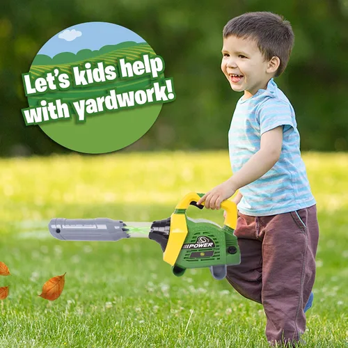 Vista 2 de John Deere Soplador de hojas de juguete para niños – herramienta de construcción simulada con luces y sonidos Sopla aire real
