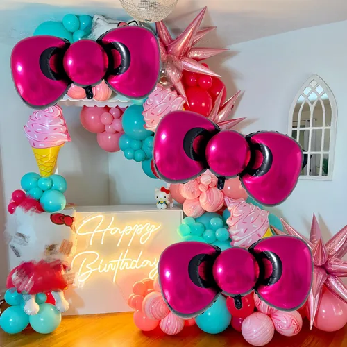 Vista 4 de 3 globos de lazo rosa Kitt.y Hello de 38 pulgadas, decoraciones de baby shower para niñas/decoraciones de cumpleaños de coqueta para niñas/globos