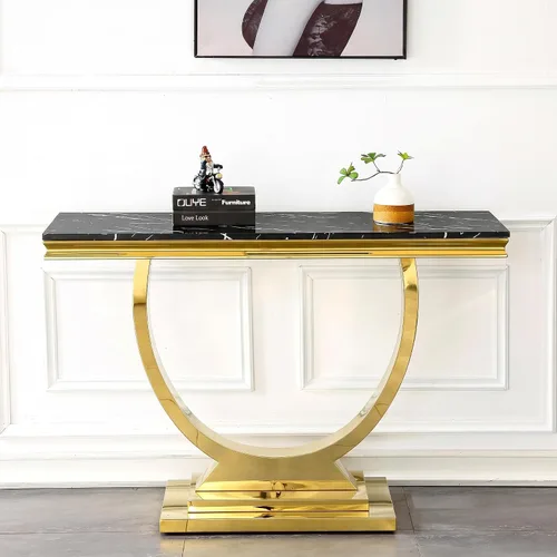 Vista 29 de Mesa de centro de mármol negro Henf de lujo, mesa auxiliar rectangular de mármol sintético de imitación con base de acero inoxidable dorado
