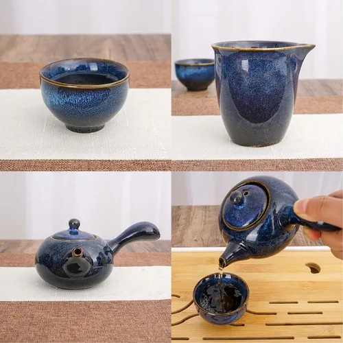 Vista 6 de Juego de té chino de cerámica Kung Fu, juego de té para adultos de 9 piezas, juego de té de la tarde, juego en caja de regalo perfecto para los Azul