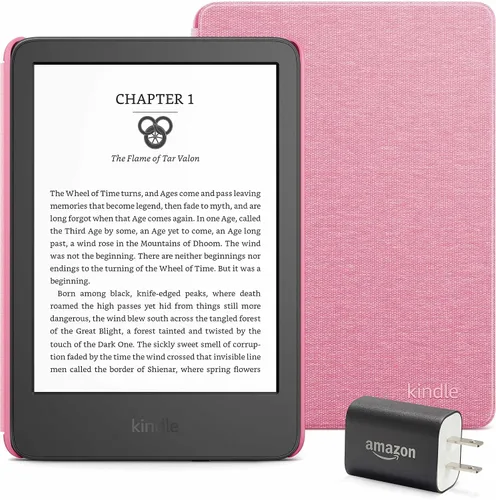 Vista 5 de Paquete Kindle Essentials, que incluye Kindle (versión 2024) negro, funda de tela (negra) y adaptador de corriente