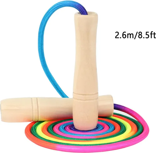 Vista 2 de Cuerda de saltar para niños, cuerda de saltar ajustable de algodón de 8.5 pies con mango de madera para niños y niñas, ejercicio al aire libre
