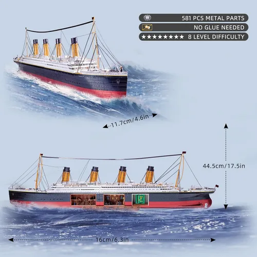 Vista 2 de MU Rompecabezas de metal 3D para adultos, edificio de modelo de barco Titanic con iluminación LED, RMS Titanic Ocean Liner Kit de modelos