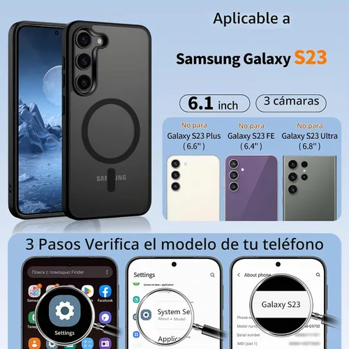 Vista 2 de Gritup Funda para Samsung Galaxy S23 con 2 protectores de pantalla (compatible con MagSafe) (protección de grado militar), delgada, translúcida Negro
