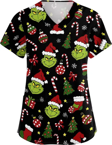 Vista 33 de Camisetas de uniforme médico de Navidad para mujer, talla grande, estampado ##896-Multicolor