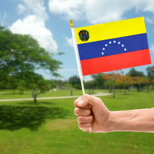 Vista 6 de QQSD Banderas de mano pequeñas de Venezuela con palo venezolano, poste de madera maciza con punta de lanza, paquete de 12