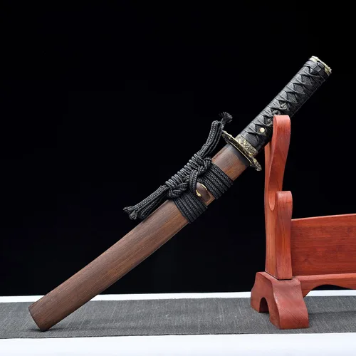 Vista 2 de Espada samurái japonesa Tanto de acero plegado de 21 pulgadas, mano de espiga completa, pequeña espada corta samurái para decoración del hogar