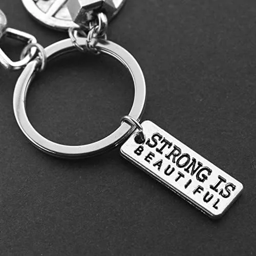 Vista 5 de Llavero de gimnasio de fitness con citas, placa de pesas y pesas rusas para ejercicio fuerte es hermoso, llavero colgante de regalo para papá