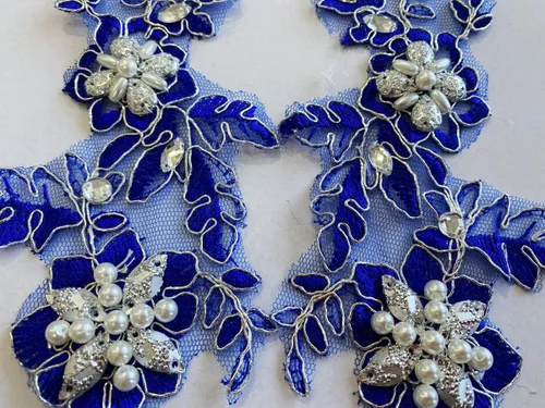 Vista 4 de Parches de tela de encaje fino bordados con diamantes de imitación bordados, decoración de vestido para coser en lentejuelas cuentas, accesorio