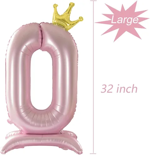 Vista 4 de Corona Rosa Número 0 Globo con Base para Decoración de Fiesta de Cumpleaños de Niñas Globo número 0