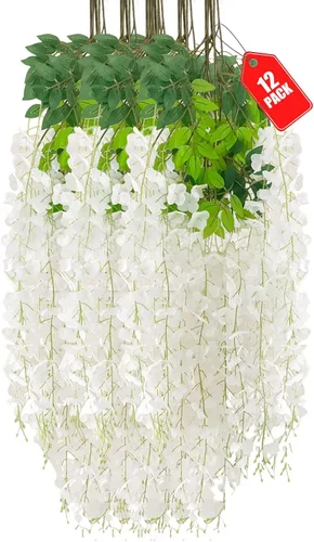 Vista 10 de Paquete de 12 flores colgantes de glicina rosa, flores colgantes falsas de 3.44 pies, guirnalda de glicina artificial para decoración de boda, telón