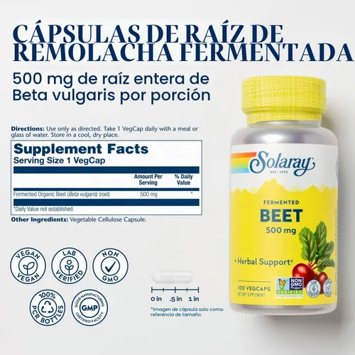 Vista 3 de SOLARAY Extracto de raíz de remolacha fermentada, 100 cápsulas vegetales