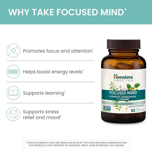 Vista 4 de Himalaya Suplemento mental enfocado, con Ashwagandha, Bacopa y L-teanina para atención, concentración y apoyo energético, 60 cápsulas veganas, sin