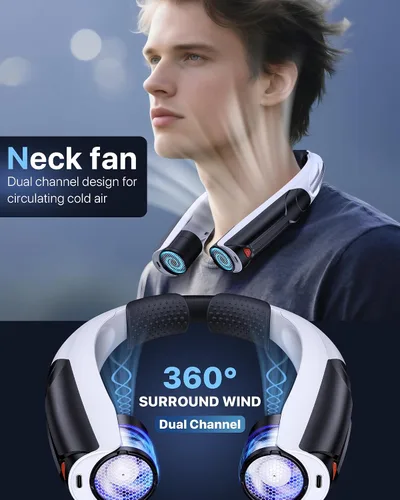 Vista 4 de AaoLin Ventilador de cuello portátil con batería de 6000 mAh, USB-C recargable, ventilador personal negro manos libres 6 velocidades, 6-20 horas