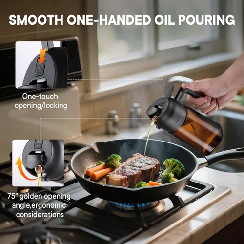 Vista 3 de LAKUMIQI Pulverizador de aceite de oliva 2 en 1 para freidora de aire, dispensador de aceite de vidrio de 16 onzas y rociador de aceite de cocina
