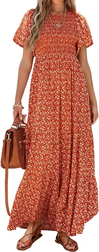 Vista 15 de PRETTYGARDEN - Vestido largo casual de verano para mujer, manga corta acampanada, bohemio, floral, cuello redondo, vestido blusón, escalonado