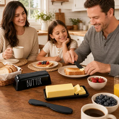 Vista 5 de TP Mantequillera con tapa, soporte para mantequilla de melamina para encimera con cuchillo, recipiente para mantequilla con tapa, irrompible