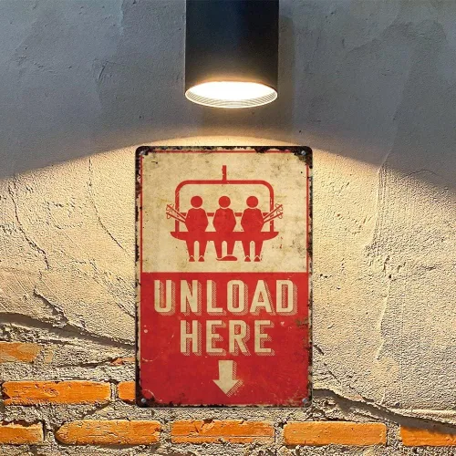 Vista 4 de Letrero de metal retro con texto en inglés «Unload Here», letrero de aluminio para decoración de pared, 10 x 14 pulgadas, decoración de esquí