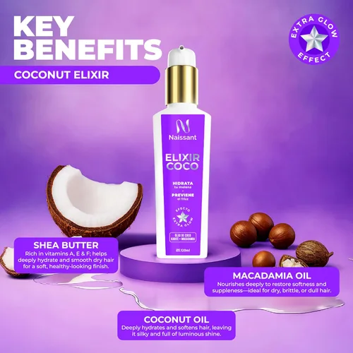Vista 3 de naissant Elixir - Tratamiento capilar de argán y aceite de coco, control del encrespamiento, protección contra el calor, protección UV, nutre