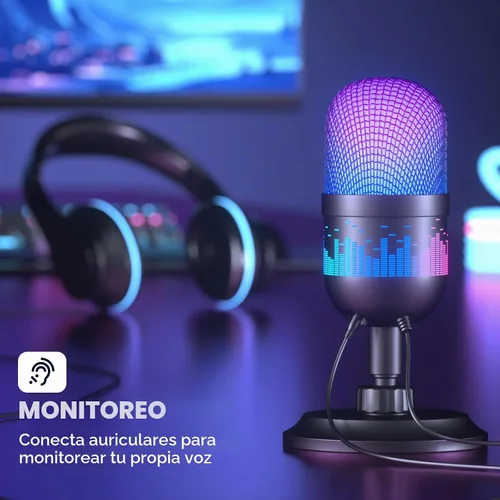 Vista 5 de Aokeo - Micrófono USB para juegos, micrófono de condensador para PC/MAC/PS4/PS5/Teléfono - Micrófono cardioide con iluminación RGB AK-1i