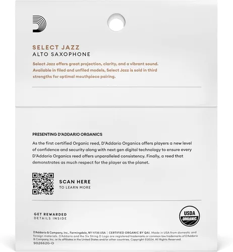 Vista 2 de D'Addario Organic Select Jazz Unfiled - Cañas de saxofón alto, selladas individualmente, 2 medianas, paquete de 3