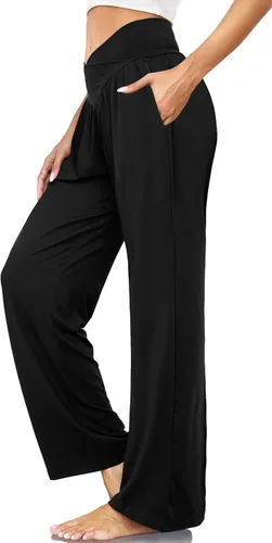Vista 2 de SUNYAA Pantalones de yoga de pierna ancha para mujer, cintura alta, holgados, casuales, cómodos, para descansar, palazzo, pijamas con bolsillos