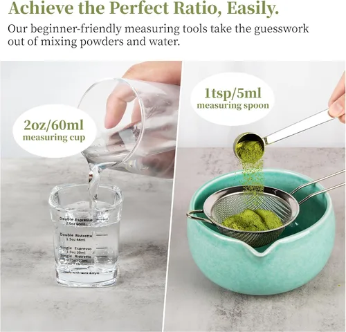 Vista 3 de YIBO Matcha Whisk Set, Matcha Kit Bamboo Whisk and Ceramic Bowl with Spout & Measuring Spoon & Cup, Japanese Ceremony Matcha Tea Making Tools Blue
