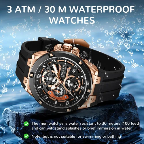 Vista 6 de SOLLEN Men's Chronograph Watch, Analog Quartz Watches for Men, Fashion Sport Wrist Watches with Silicon Strap, 30M Waterproof Casual Dress Work