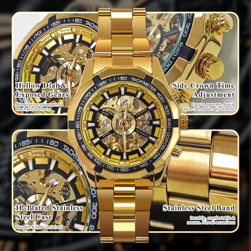 Vista 11 de Gute Relojes para hombre, esqueleto mecánico, de acero inoxidable, impermeable, automático, reloj de pulsera steampunk con esfera X de lujo