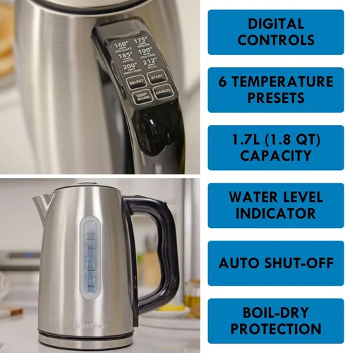 Vista 5 de Kenmore - Hervidor digital inalámbrico de 1.7 L/1.8 cuartos de galón, hervidor eléctrico de acero inoxidable con control de temperatura digital