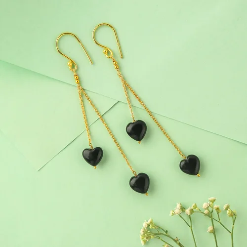 Vista 3 de Aretes de ónix negro natural, delicados aretes de gota de corazón, cristal de piedra natal, regalo para mujeres, cristales curativos de energía