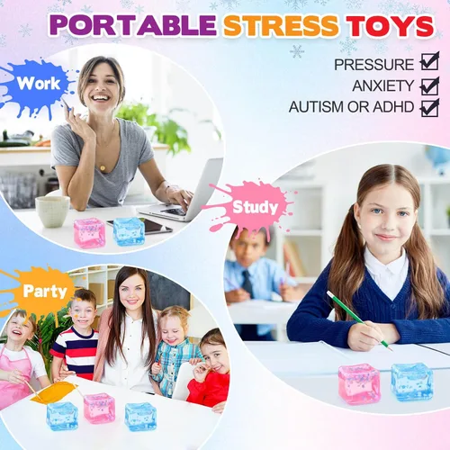 Vista 5 de Chridark Cubo de Hielo Juguete Fidget para Todas las Edades: Pack de 2 Juguetes Sensoriales Squishy Fidget, Bolas de Estrés Cuadradas, Premios