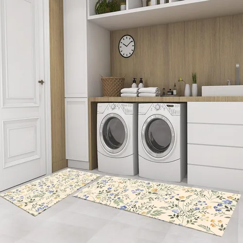Vista 4 de LB Tapetes de cocina florales azules para cojines de piso, tapete de cocina antifatiga, diseño de flores silvestres sobre beige, juego de 2