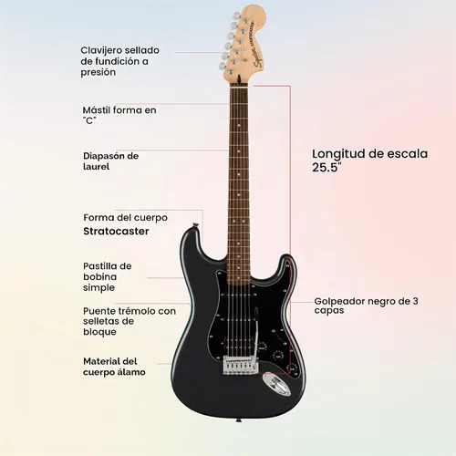 Vista 8 de Fender Squier Affinity Stratocaster HSS - Paquete Charcoal Frost Metallic con amplificador Frontman 10G, cable, funda, correa, púas, lecciones
