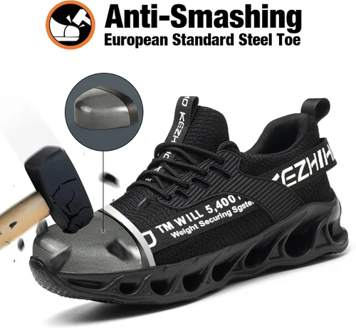 Vista 2 de Kezhiho Zapatos de punta de acero para hombre, ligeros, cómodos, transpirables, zapatos de trabajo a prueba de pinchazos, antideslizantes, a