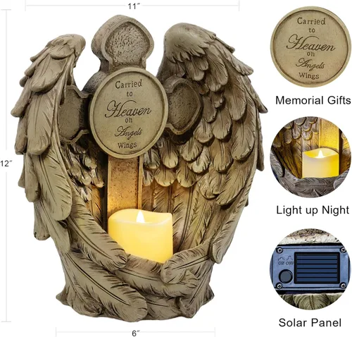 Vista 7 de Estatua conmemorativa de alas de ángel solar con vela LED y cruz, decoración de tumbas de resina resistente a la intemperie para cementerio, regalos