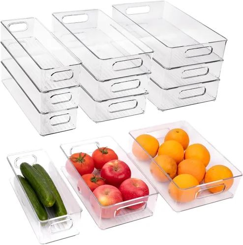 Vista 11 de Paquete de 6 cubos organizadores de refrigerador, 3 tamaños, apilables, transparentes, con asas, para refrigerador, congelador, estantes, cajón