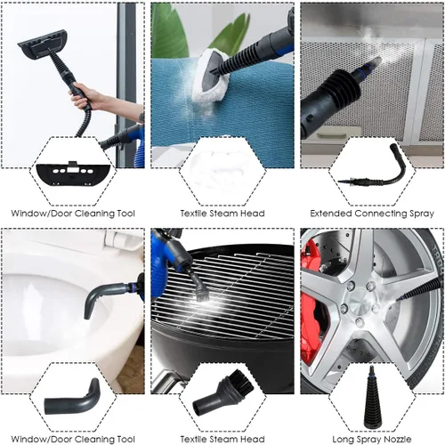 Vista 2 de Goplus Limpiador de vapor presurizado de mano con accesorios de 9 piezas, vaporizador multiusos con bloqueo de seguridad para cortina de alfombra